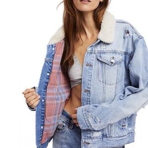 Free People Washed Light Blue Denim Sherpa Jacket with Pink Plaid Lining